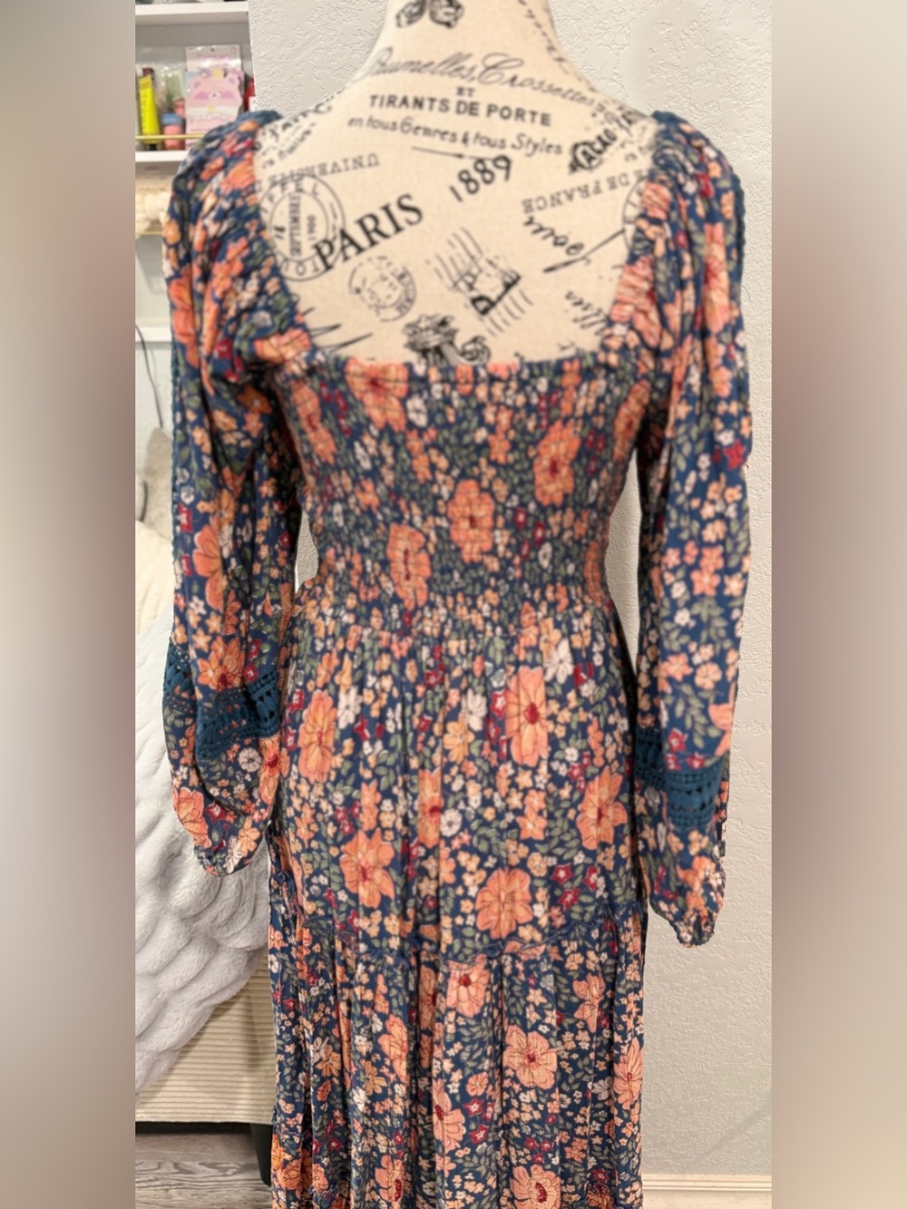 Angie Floral Maxi Dress Medium Boho Cottagecore Smocked Crochet Sleeve 100%Rayon - Picture 7 of 8